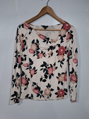 Ann Taylor Cream Long Sleeve Cowl Neck Top with Pink Floral Soft Sz M Feminine